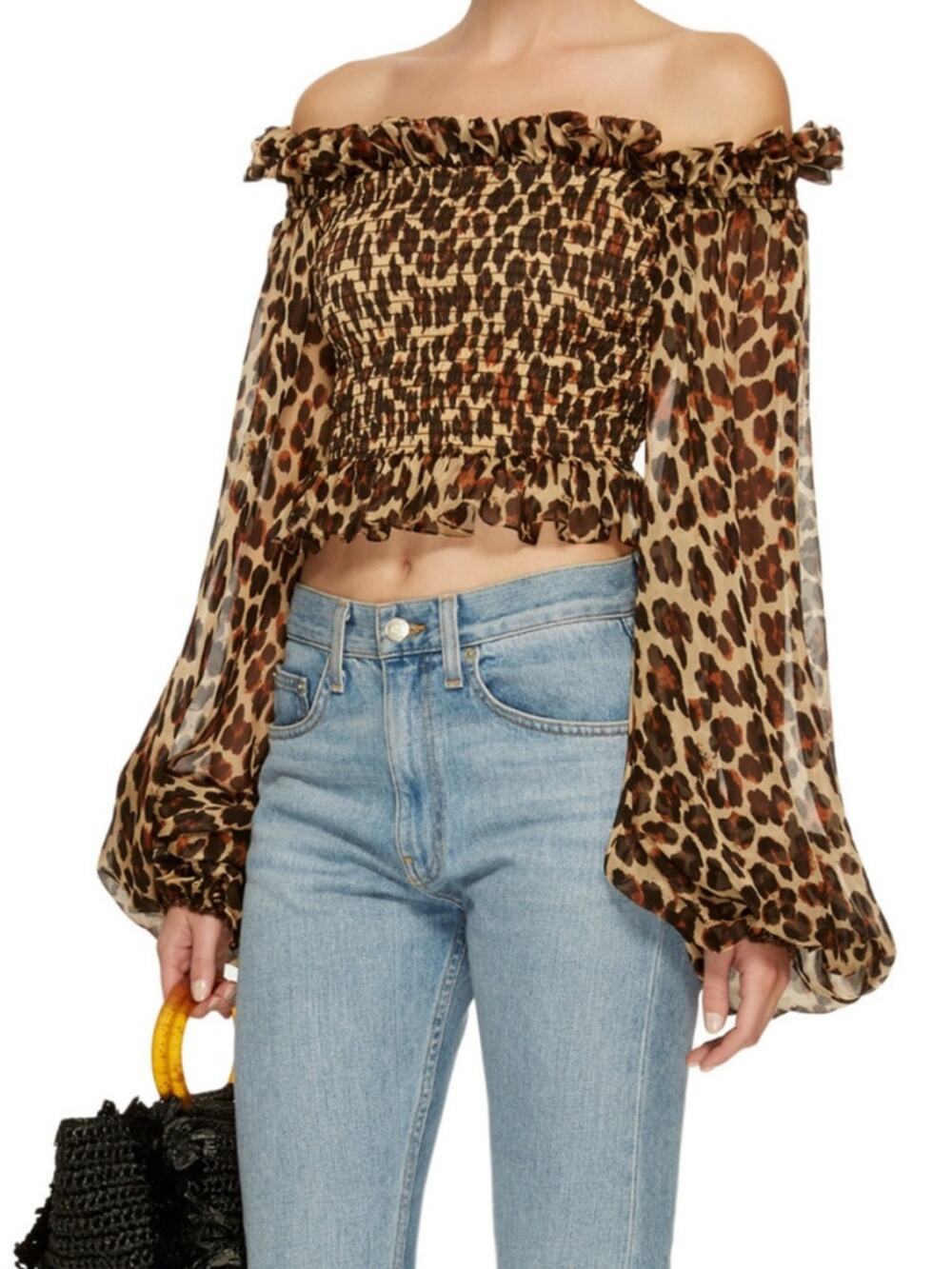 Caroline Constas Leopard Print Off-Shoulder Smocked Blouse - Brown, Black